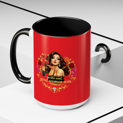 Coffee Mug — "In the End, Good Women Win" BRUNETTE Retro Pin-Up Design