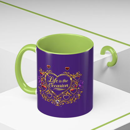 Life Is the Occasion Gold Heart Accent Coffee Mug — Inspirational Purple 11/15oz