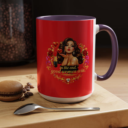 Coffee Mug — "In the End, Good Women Win" BRUNETTE Retro Pin-Up Design