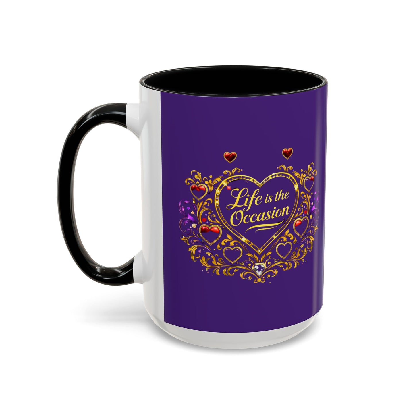 Life Is the Occasion Gold Heart Accent Coffee Mug — Inspirational Purple 11/15oz