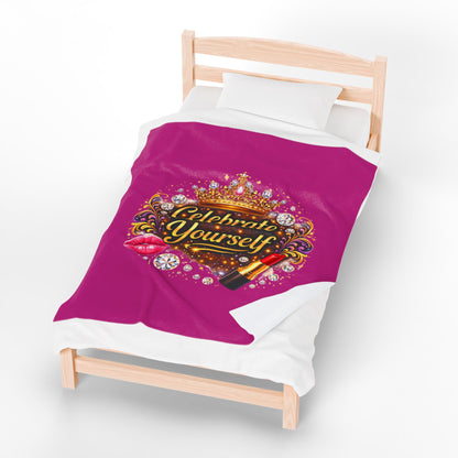 Celebrate Yourself Velveteen Plush Blanket — Glam Crown, Lipstick & Jewel Graphic