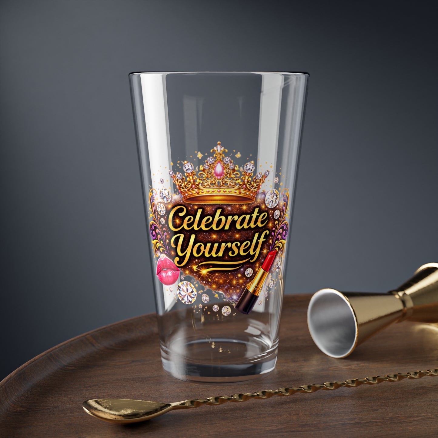 Mixing Glass — "Celebrate Yourself" Crown & Lipstick Cocktail Pint (16oz)