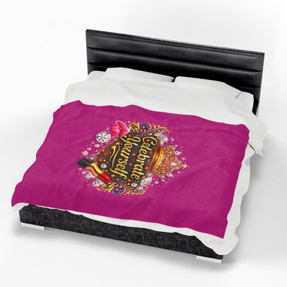 Celebrate Yourself Velveteen Plush Blanket — Glam Crown, Lipstick & Jewel Graphic
