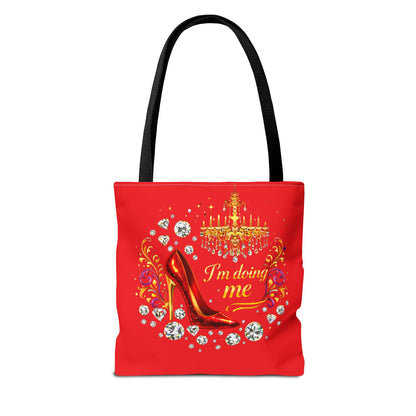 Red 'I'm Doing Me' Tote Bag — Glam High Heel & Chandelier Design