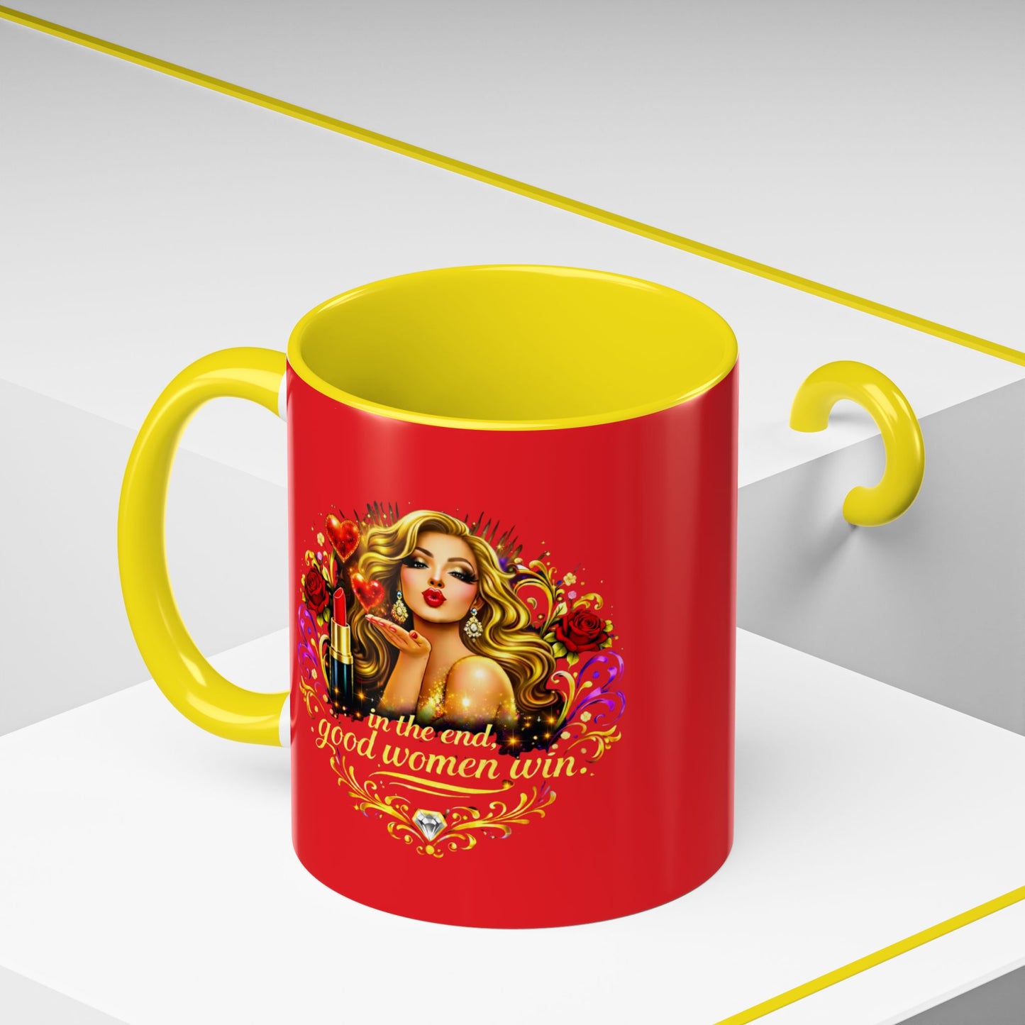Coffee Mug — “In the End, Good Women Win” BLONDE Retro Glam Accent Mug (11/15 oz)