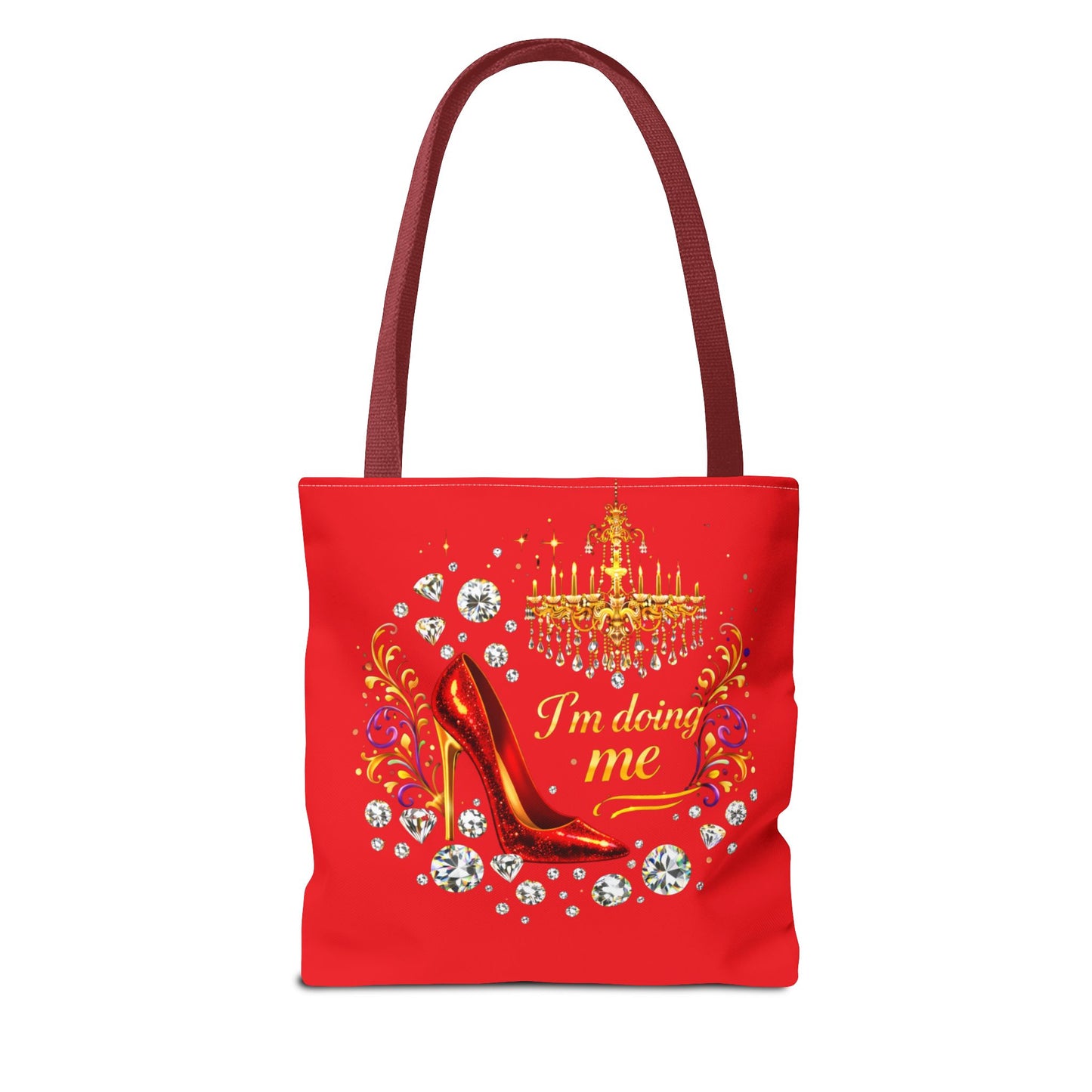 Red 'I'm Doing Me' Tote Bag — Glam High Heel & Chandelier Design