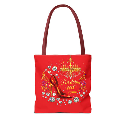 Red 'I'm Doing Me' Tote Bag — Glam High Heel & Chandelier Design