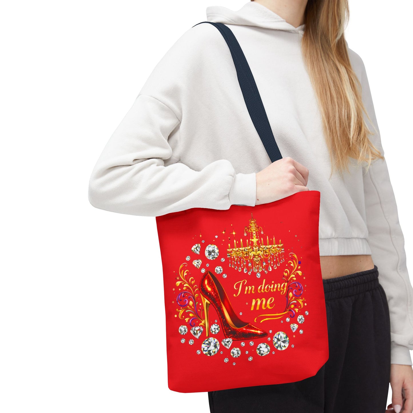 Red 'I'm Doing Me' Tote Bag — Glam High Heel & Chandelier Design