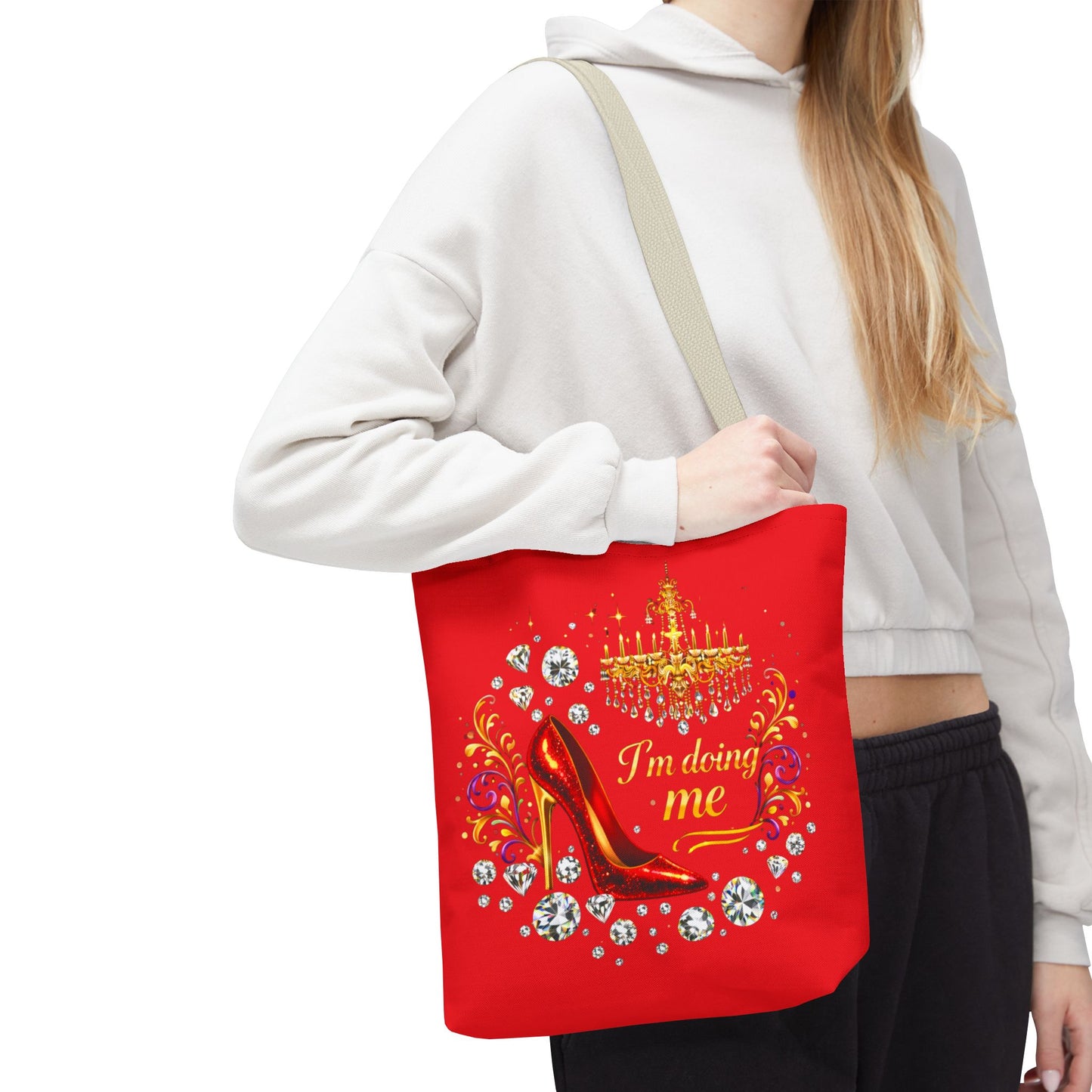 Red 'I'm Doing Me' Tote Bag — Glam High Heel & Chandelier Design