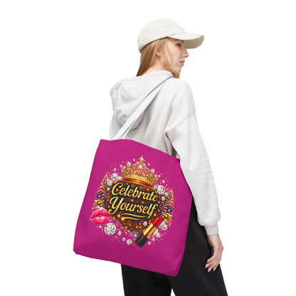 Celebrate Yourself Pink Tote Bag — Crown & Lipstick Glam Aesthetic