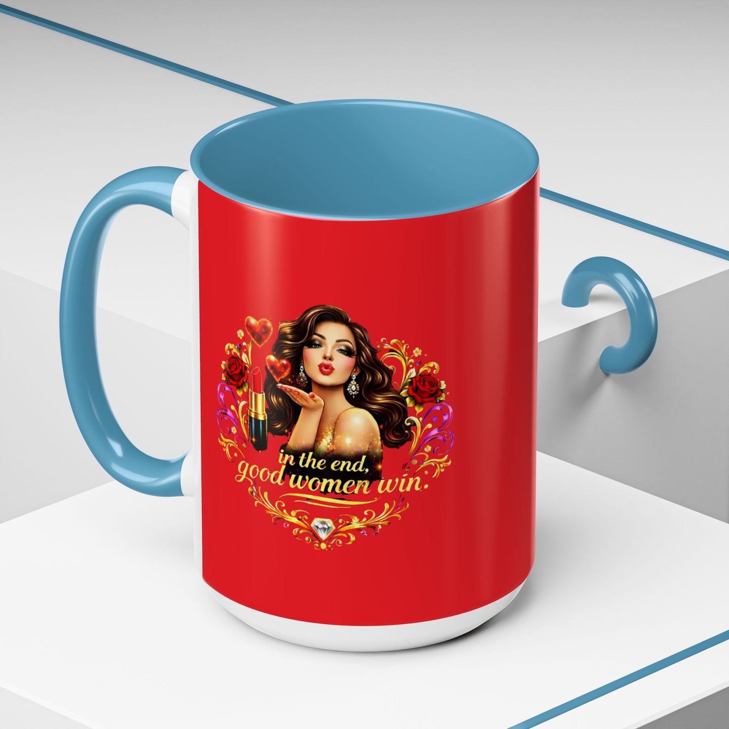 Coffee Mug — "In the End, Good Women Win" BRUNETTE Retro Pin-Up Design