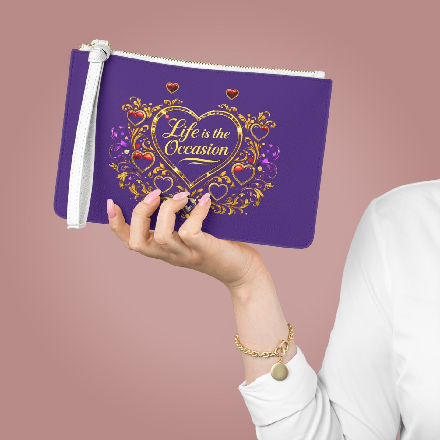 Life Is the Occasion Heart Clutch Bag — Ornate Gold & Jewel Accent Evening Wristlet