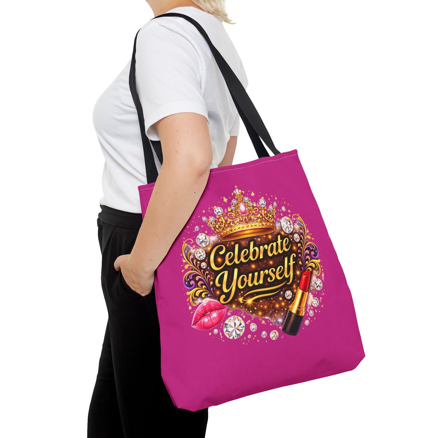 Celebrate Yourself Pink Tote Bag — Crown & Lipstick Glam Aesthetic