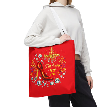 Red 'I'm Doing Me' Tote Bag — Glam High Heel & Chandelier Design