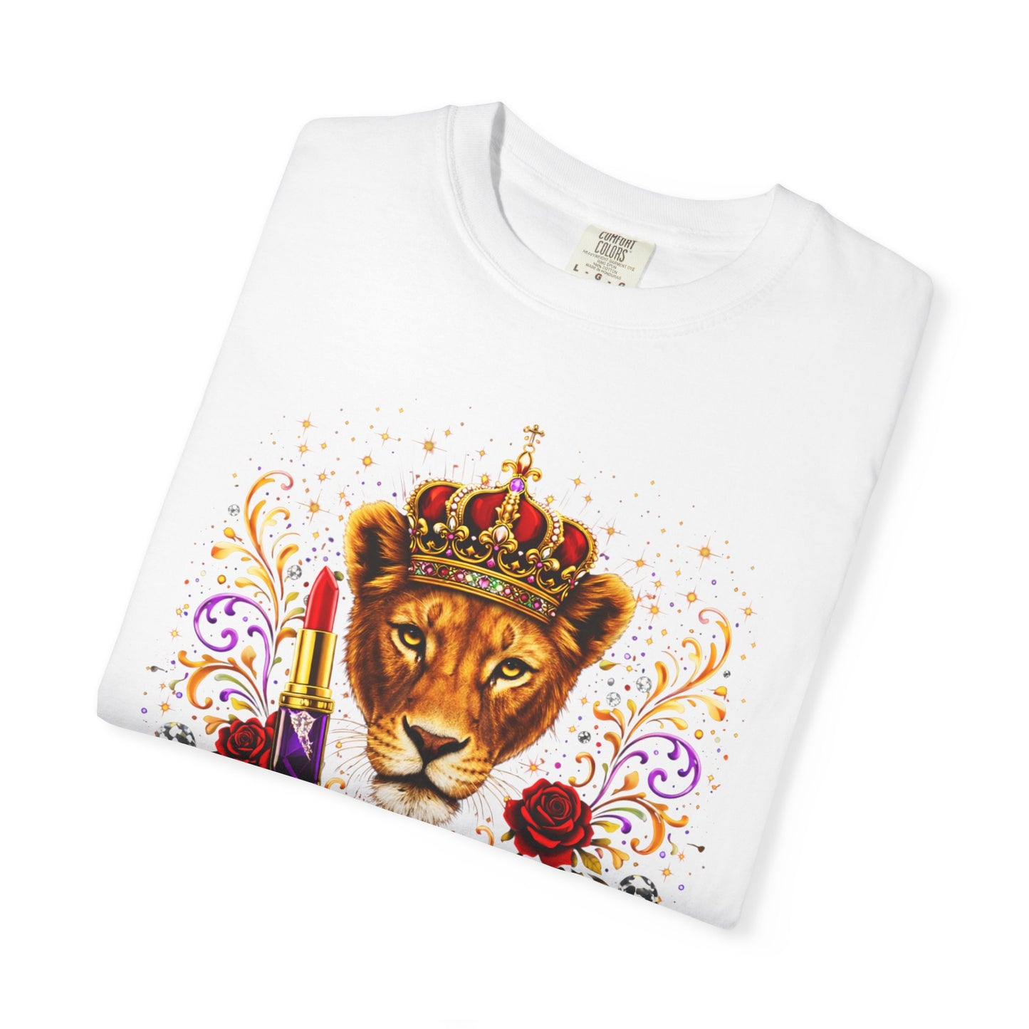 Lioness Crown T-Shirt — Regal Lion Head Graphic with Crown, Rose & 'Lioness Energy'