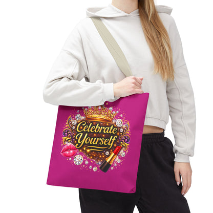 Celebrate Yourself Pink Tote Bag — Crown & Lipstick Glam Aesthetic
