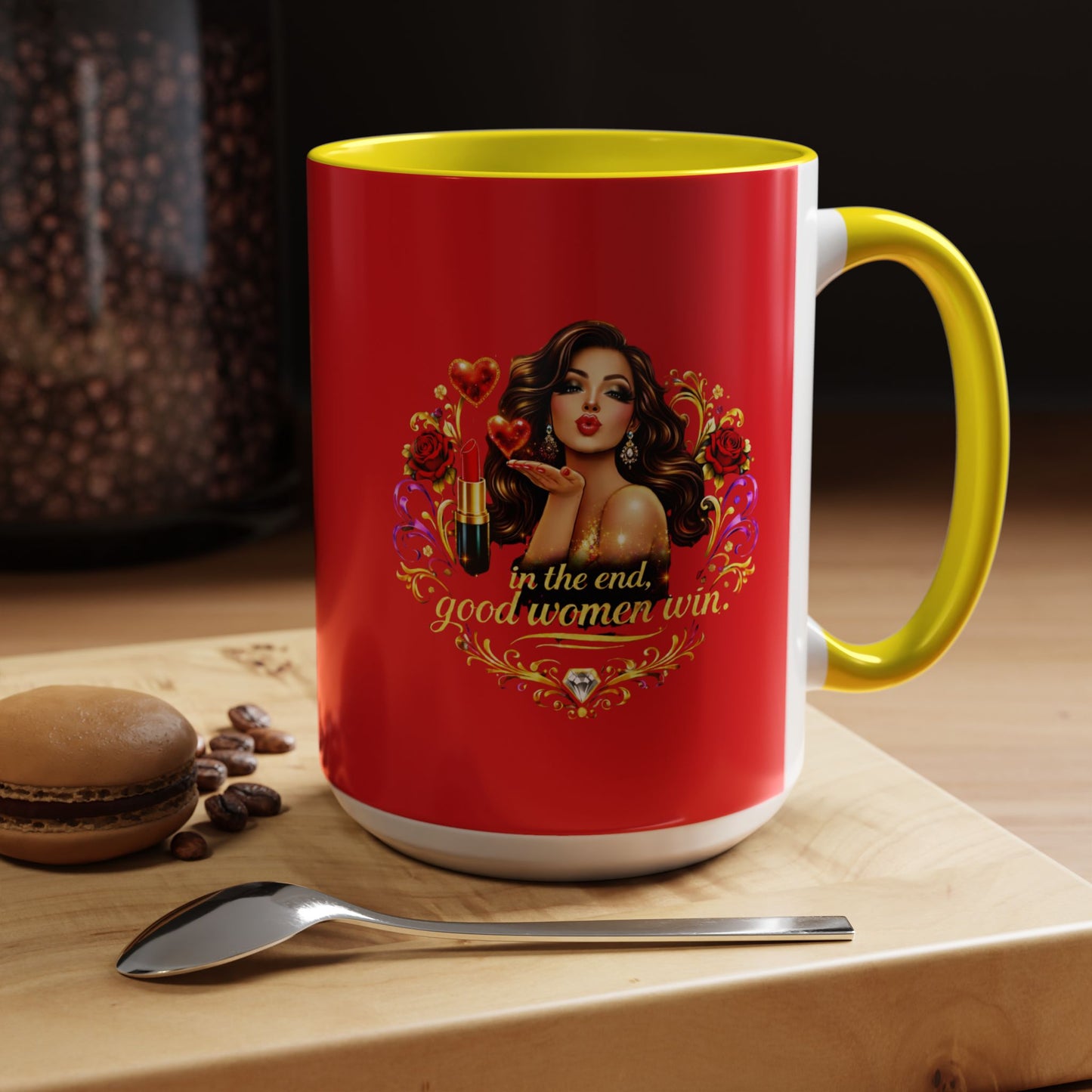 Coffee Mug — "In the End, Good Women Win" BRUNETTE Retro Pin-Up Design