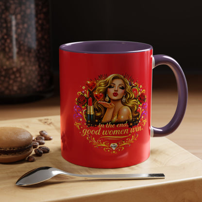 Coffee Mug — “In the End, Good Women Win” BLONDE Retro Glam Accent Mug (11/15 oz)