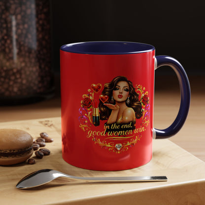 Coffee Mug — "In the End, Good Women Win" BRUNETTE Retro Pin-Up Design