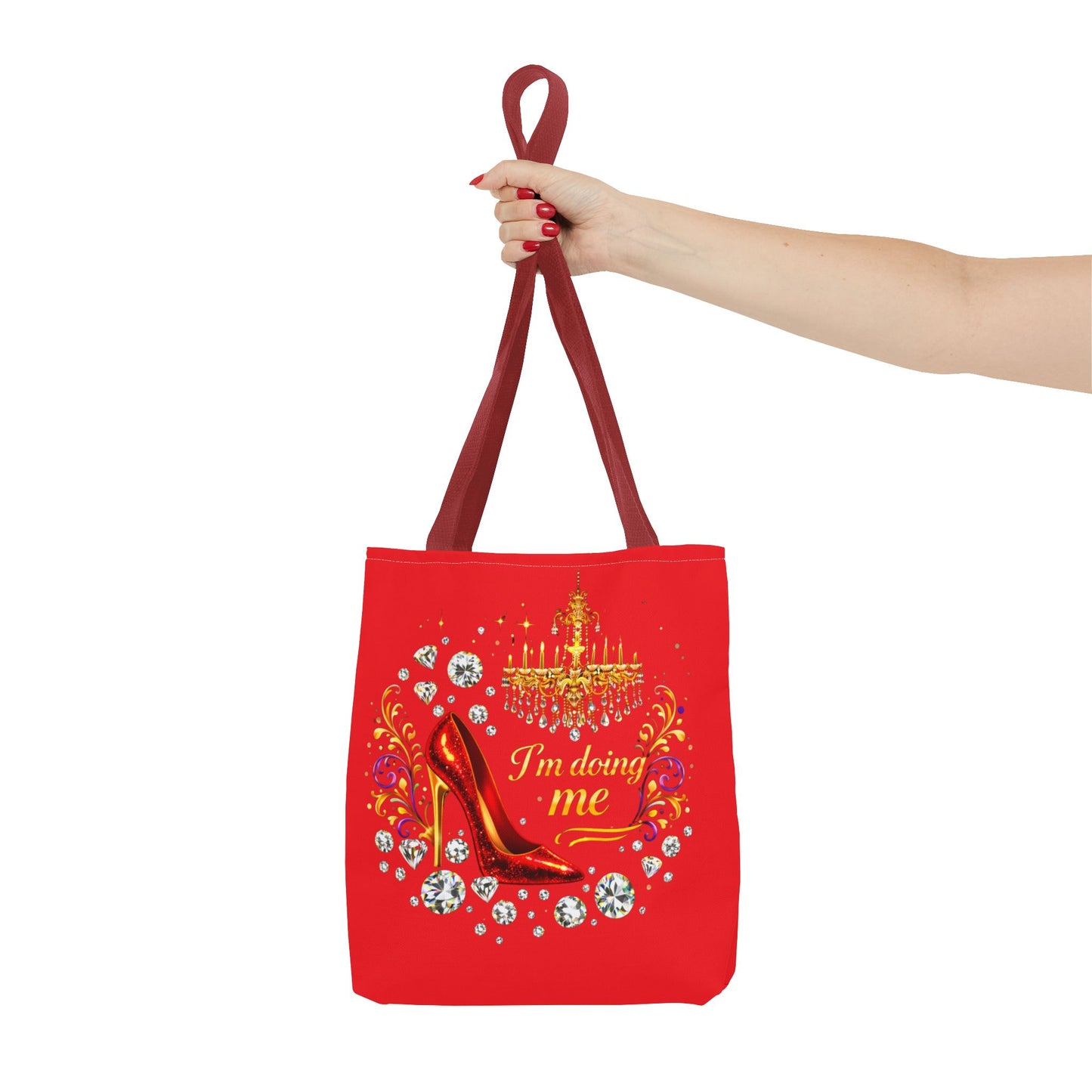 Red 'I'm Doing Me' Tote Bag — Glam High Heel & Chandelier Design