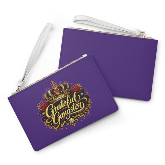 Grateful Gangster Clutch Bag — Purple Wristlet with Crown & Rose Graphic