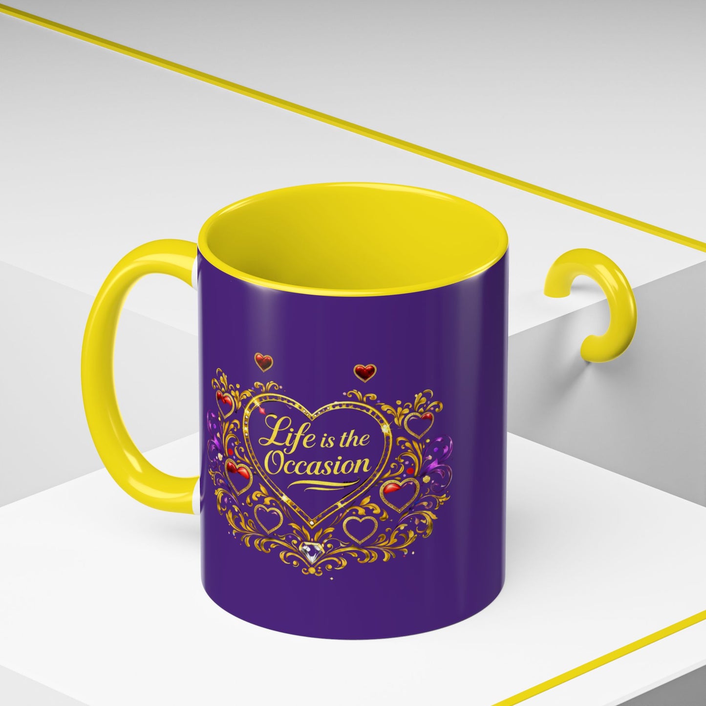 Life Is the Occasion Gold Heart Accent Coffee Mug — Inspirational Purple 11/15oz