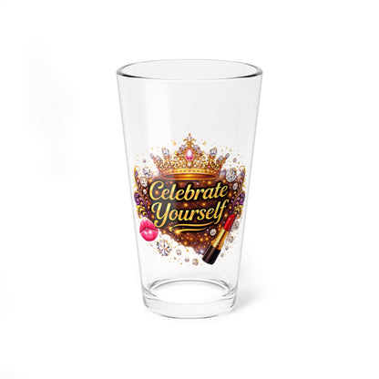Mixing Glass — "Celebrate Yourself" Crown & Lipstick Cocktail Pint (16oz)