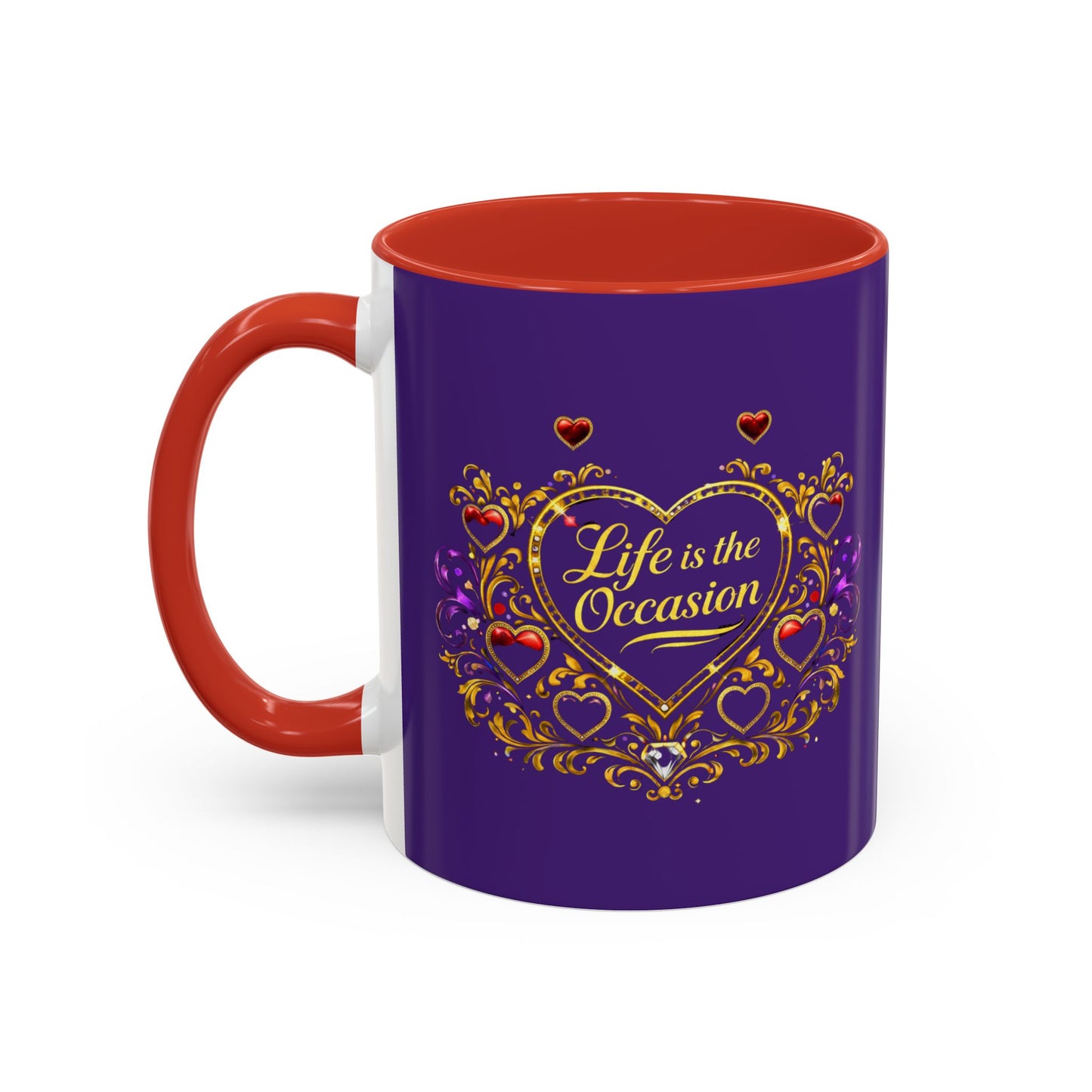 Life Is the Occasion Gold Heart Accent Coffee Mug — Inspirational Purple 11/15oz