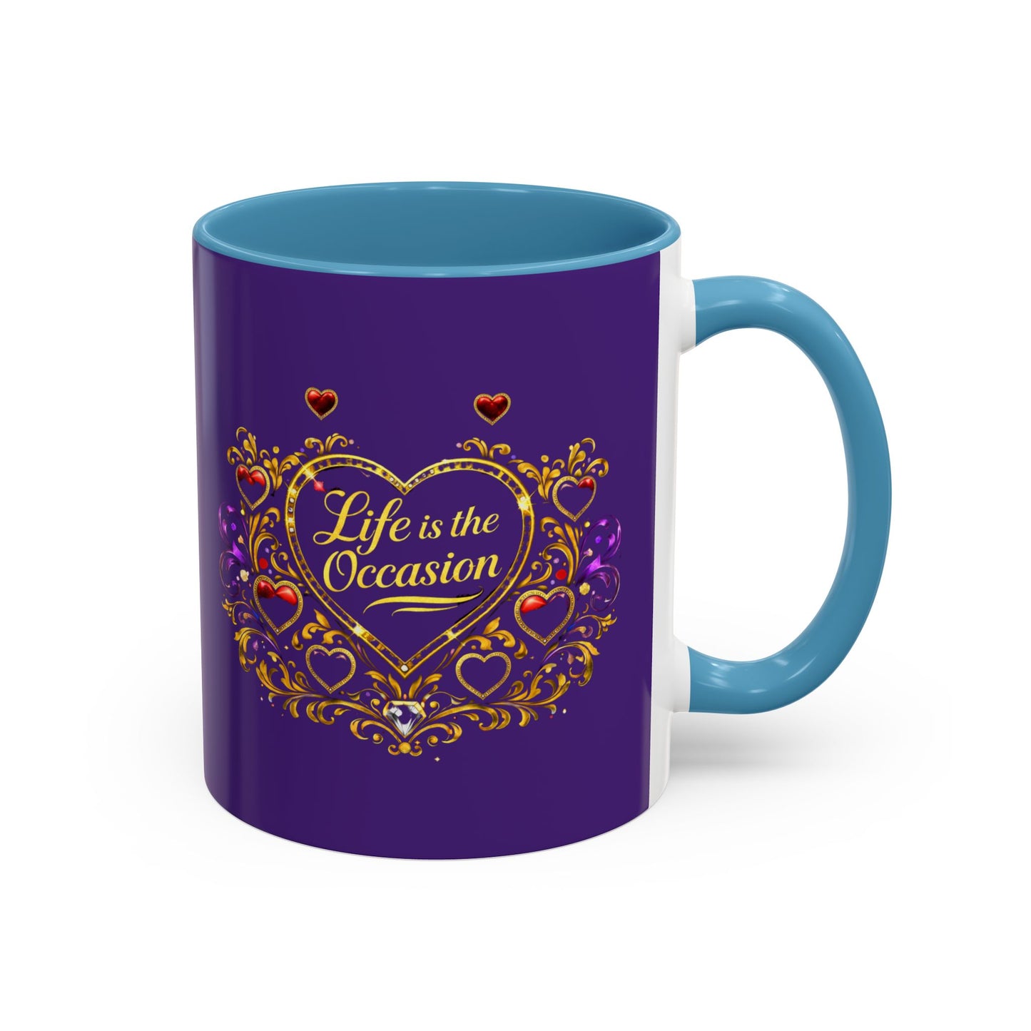 Life Is the Occasion Gold Heart Accent Coffee Mug — Inspirational Purple 11/15oz