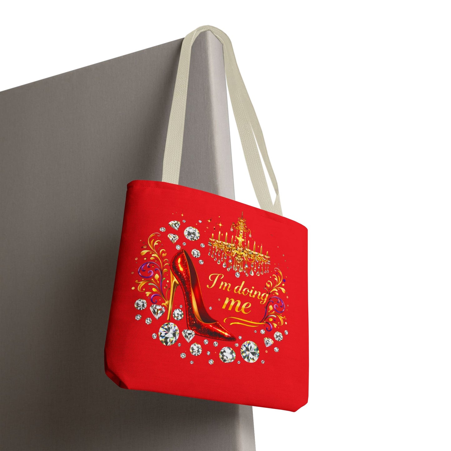 Red 'I'm Doing Me' Tote Bag — Glam High Heel & Chandelier Design