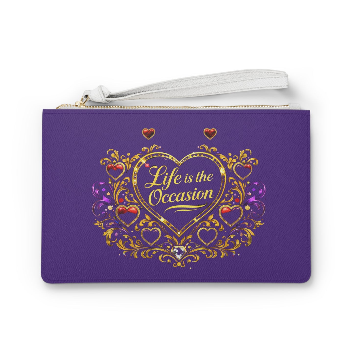 Life Is the Occasion Heart Clutch Bag — Ornate Gold & Jewel Accent Evening Wristlet