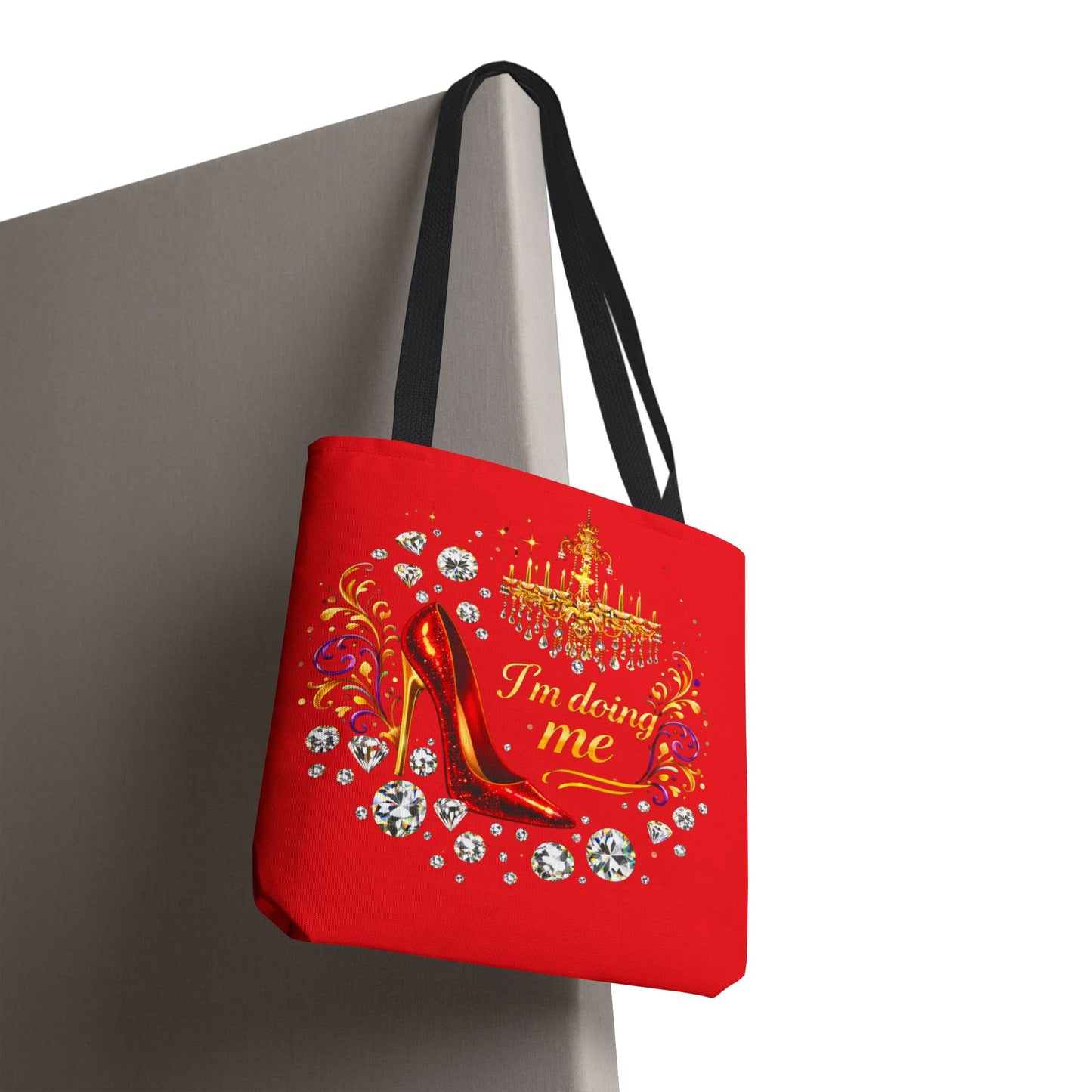 Red 'I'm Doing Me' Tote Bag — Glam High Heel & Chandelier Design