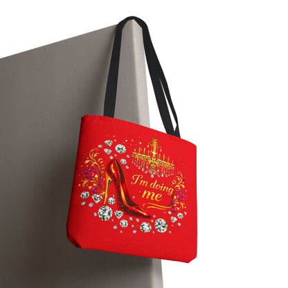 Red 'I'm Doing Me' Tote Bag — Glam High Heel & Chandelier Design