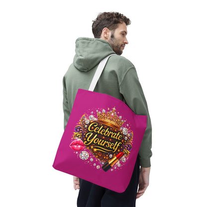 Celebrate Yourself Pink Tote Bag — Crown & Lipstick Glam Aesthetic