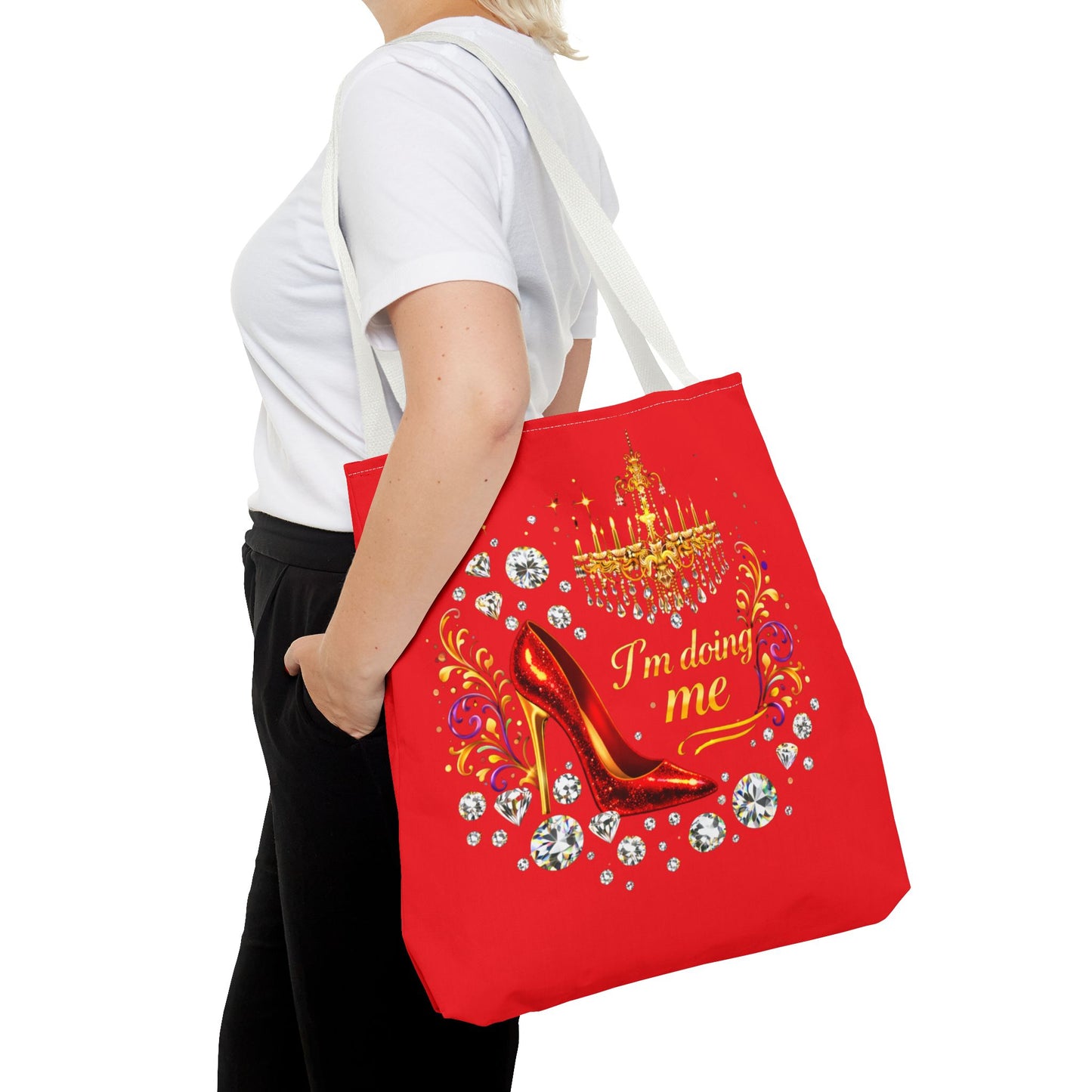 Red 'I'm Doing Me' Tote Bag — Glam High Heel & Chandelier Design