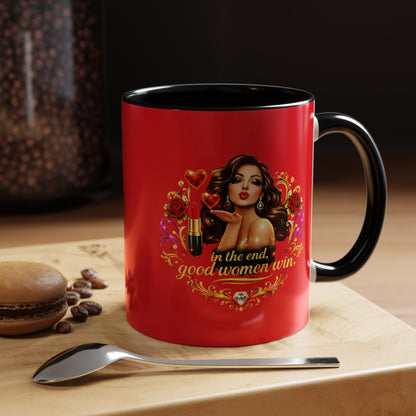 Coffee Mug — "In the End, Good Women Win" BRUNETTE Retro Pin-Up Design