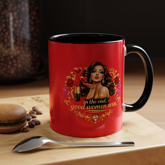 Coffee Mug — "In the End, Good Women Win" BRUNETTE Retro Pin-Up Design
