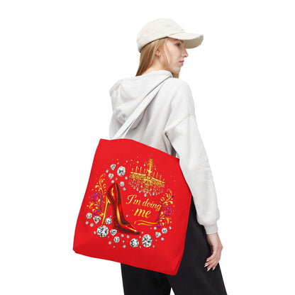 Red 'I'm Doing Me' Tote Bag — Glam High Heel & Chandelier Design