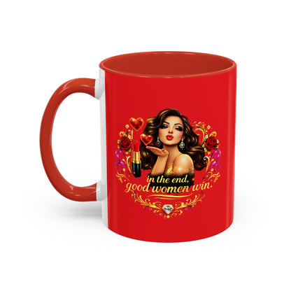 Coffee Mug — "In the End, Good Women Win" BRUNETTE Retro Pin-Up Design