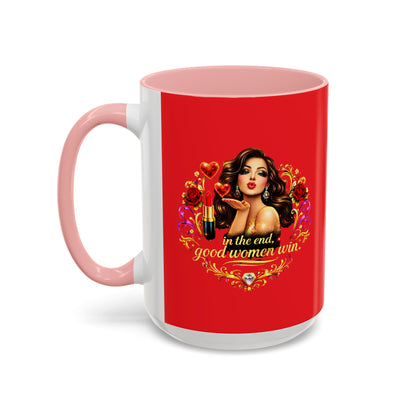 Coffee Mug — "In the End, Good Women Win" BRUNETTE Retro Pin-Up Design