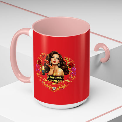 Coffee Mug — "In the End, Good Women Win" BRUNETTE Retro Pin-Up Design