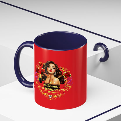 Coffee Mug — "In the End, Good Women Win" BRUNETTE Retro Pin-Up Design