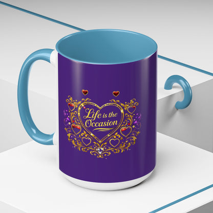 Life Is the Occasion Gold Heart Accent Coffee Mug — Inspirational Purple 11/15oz