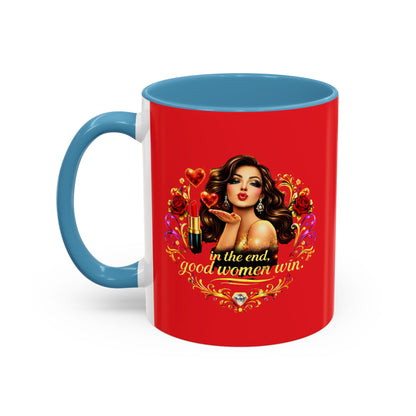 Coffee Mug — "In the End, Good Women Win" BRUNETTE Retro Pin-Up Design
