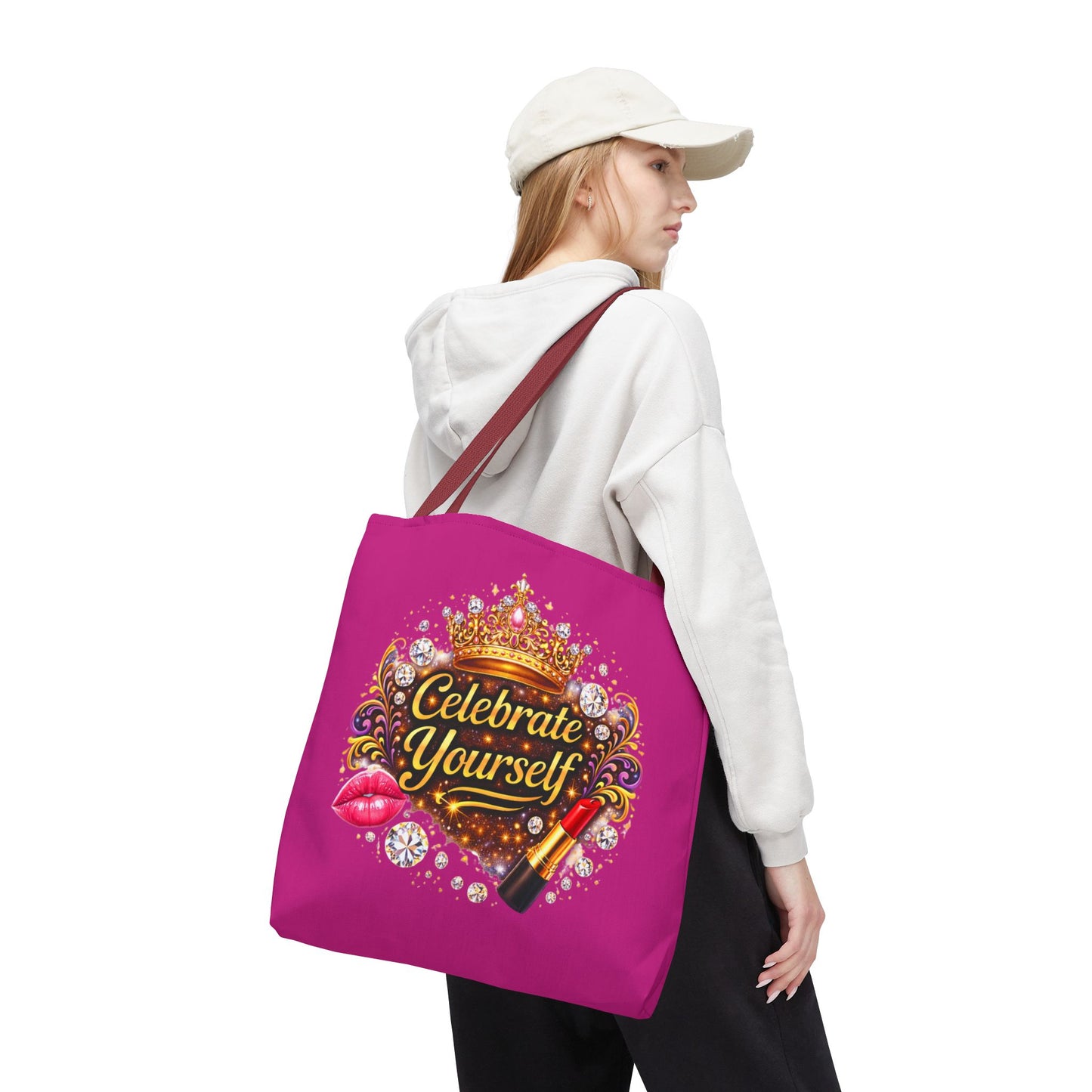 Celebrate Yourself Pink Tote Bag — Crown & Lipstick Glam Aesthetic