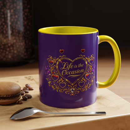 Life Is the Occasion Gold Heart Accent Coffee Mug — Inspirational Purple 11/15oz