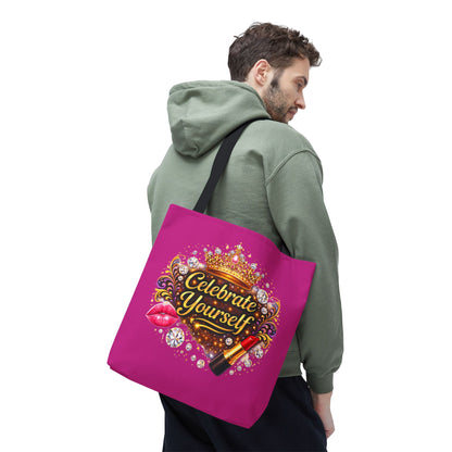 Celebrate Yourself Pink Tote Bag — Crown & Lipstick Glam Aesthetic