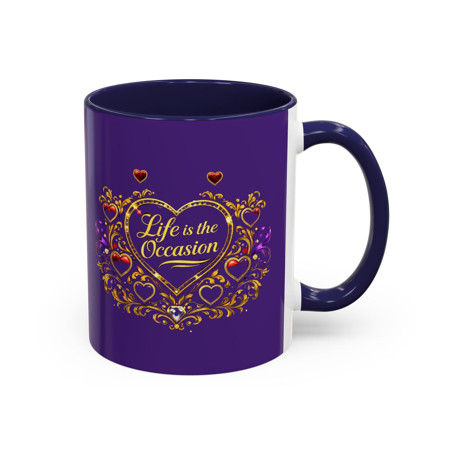 Life Is the Occasion Gold Heart Accent Coffee Mug — Inspirational Purple 11/15oz