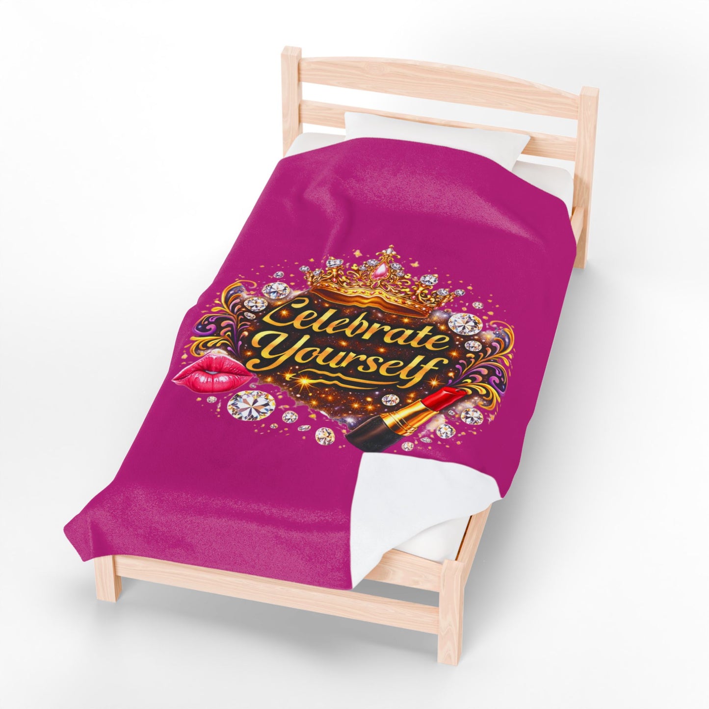 Celebrate Yourself Velveteen Plush Blanket — Glam Crown, Lipstick & Jewel Graphic