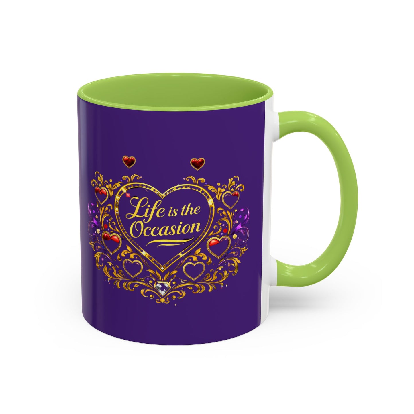 Life Is the Occasion Gold Heart Accent Coffee Mug — Inspirational Purple 11/15oz